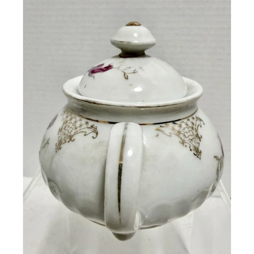Vintage Japan Covered Sugar Bowl Pink Rose Floral Gold Trim Double Handle